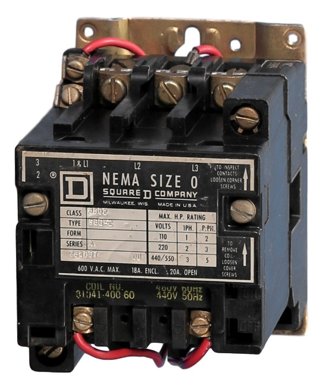 8502SBO2V02 Square D 18A NEMA Contactor 120V Coil