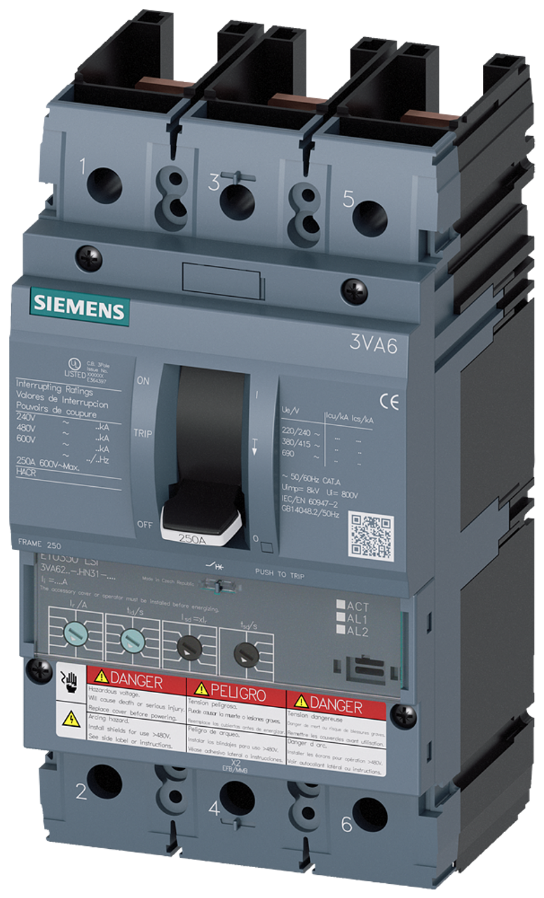 3VA6225-5HN31-0AA0 Siemens Molded Case Circuit Breaker With Electronic Trip Unit, 250A 3-Pole