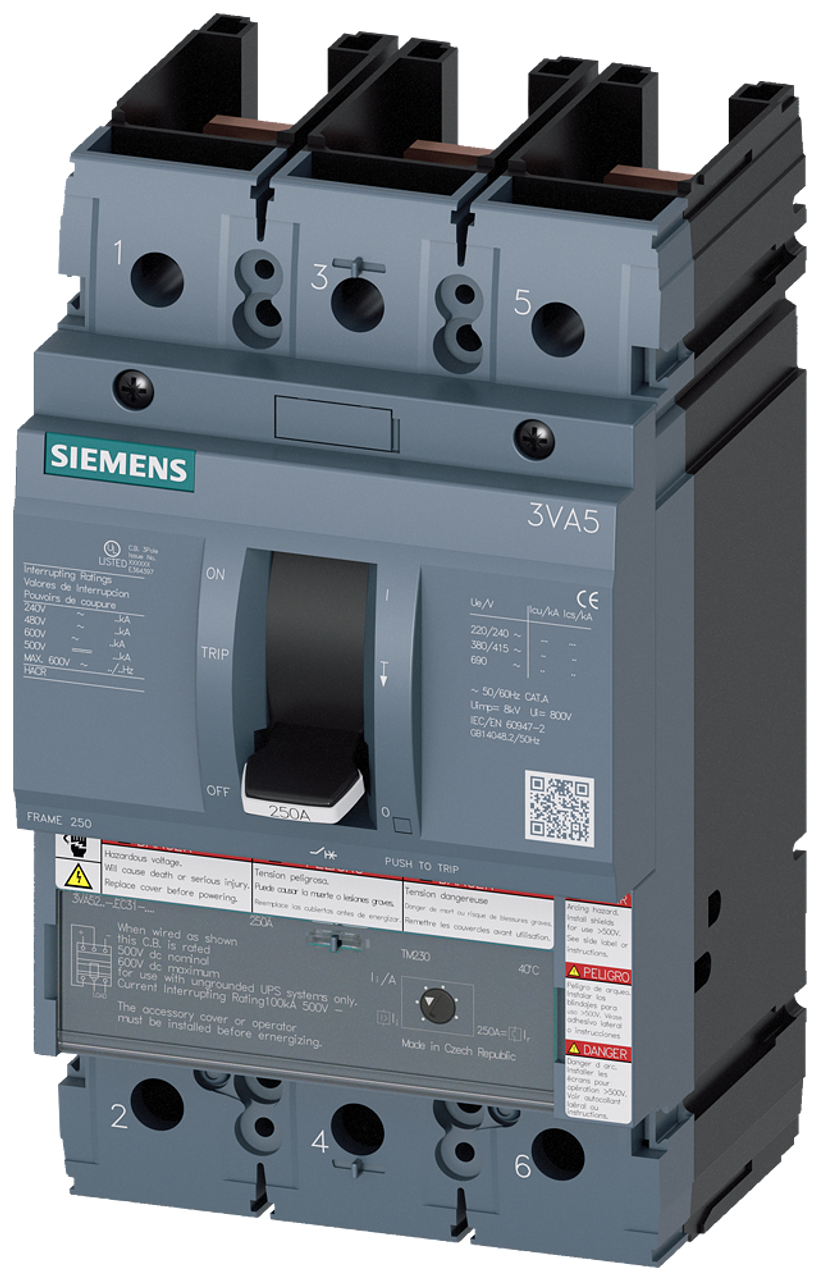 3VA5222-7EC31-0AA0 Siemens Molded Case Circuit Breaker with Thermal - Magnetic Trip Unit, 3 Pole 225A