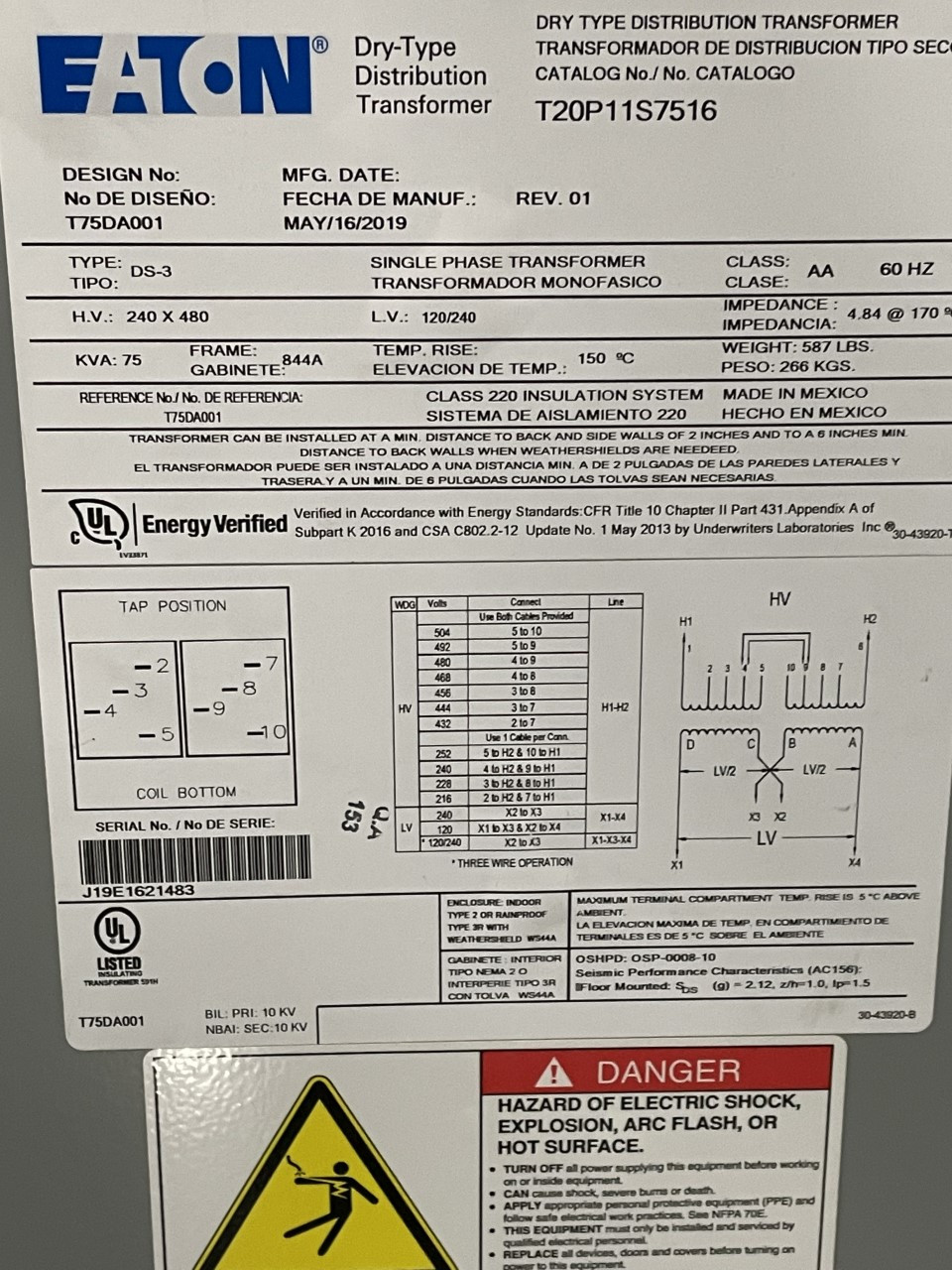 75 kVA Single Phase Eaton Power Transformer Dry Type